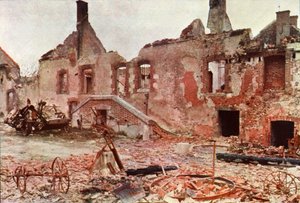 Destroyed buildings in a small town during the Battle of the Marne east of Paris, September 1914